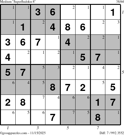 The grouppuzzles.com Medium SuperSudoku-8 puzzle for Saturday November 15, 2025 with all 7 steps marked