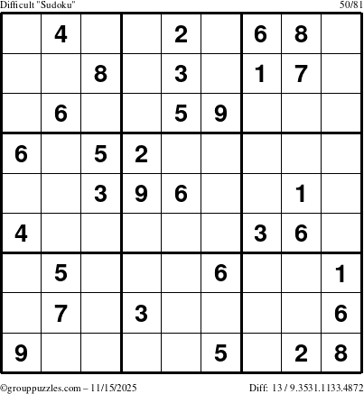 The grouppuzzles.com Difficult Sudoku puzzle for Saturday November 15, 2025