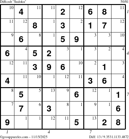 The grouppuzzles.com Difficult Sudoku puzzle for Saturday November 15, 2025 with all 13 steps marked