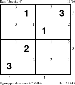 The grouppuzzles.com Easy Sudoku-4 puzzle for Thursday April 23, 2026 with all 3 steps marked