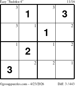The grouppuzzles.com Easy Sudoku-4 puzzle for Thursday April 23, 2026 with the first 3 steps marked