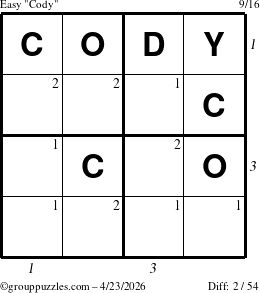 The grouppuzzles.com Easy Cody puzzle for Thursday April 23, 2026, suitable for printing, with all 2 steps marked
