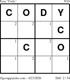 The grouppuzzles.com Easy Cody puzzle for Thursday April 23, 2026 with the first 2 steps marked