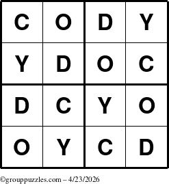 The grouppuzzles.com Answer grid for the Cody puzzle for Thursday April 23, 2026
