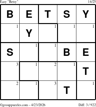 The grouppuzzles.com Easy Betsy puzzle for Thursday April 23, 2026 with the first 3 steps marked
