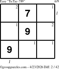 The grouppuzzles.com Easy TicTac-789 puzzle for Thursday April 23, 2026, suitable for printing, with all 2 steps marked