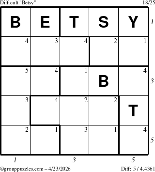 The grouppuzzles.com Difficult Betsy puzzle for Thursday April 23, 2026, suitable for printing, with all 5 steps marked