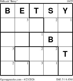 The grouppuzzles.com Difficult Betsy puzzle for Thursday April 23, 2026 with the first 3 steps marked
