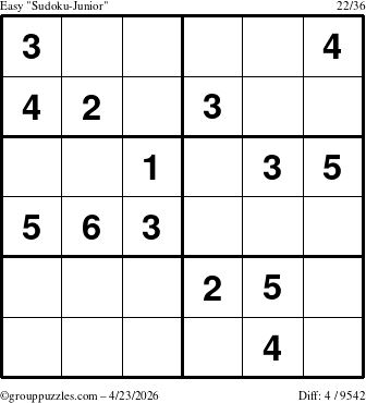 The grouppuzzles.com Easy Sudoku-Junior puzzle for Thursday April 23, 2026