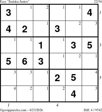 The grouppuzzles.com Easy Sudoku-Junior puzzle for Thursday April 23, 2026, suitable for printing, with all 4 steps marked