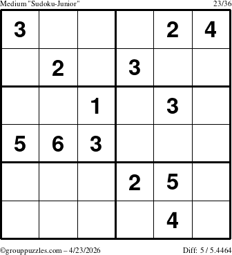 The grouppuzzles.com Medium Sudoku-Junior puzzle for Thursday April 23, 2026