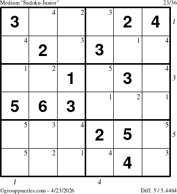 The grouppuzzles.com Medium Sudoku-Junior puzzle for Thursday April 23, 2026, suitable for printing, with all 5 steps marked