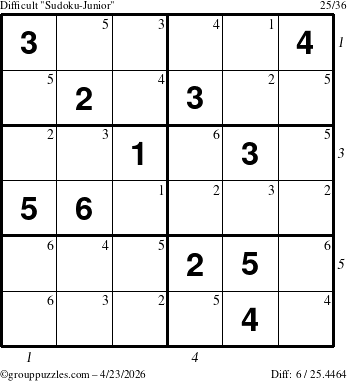 The grouppuzzles.com Difficult Sudoku-Junior puzzle for Thursday April 23, 2026 with all 6 steps marked