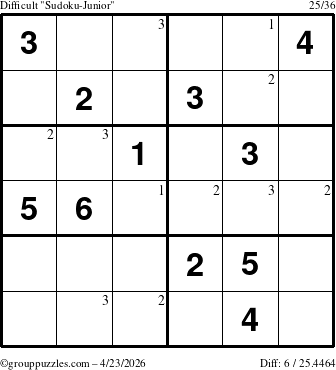 The grouppuzzles.com Difficult Sudoku-Junior puzzle for Thursday April 23, 2026 with the first 3 steps marked