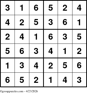 The grouppuzzles.com Answer grid for the Sudoku-Junior puzzle for Thursday April 23, 2026