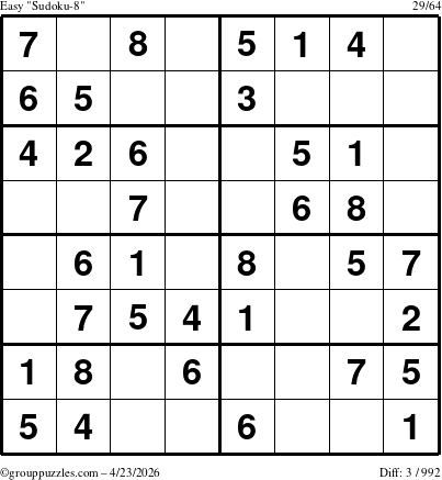 The grouppuzzles.com Easy Sudoku-8 puzzle for Thursday April 23, 2026