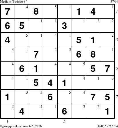 The grouppuzzles.com Medium Sudoku-8 puzzle for Thursday April 23, 2026 with all 5 steps marked