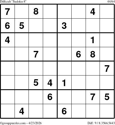 The grouppuzzles.com Difficult Sudoku-8 puzzle for Thursday April 23, 2026