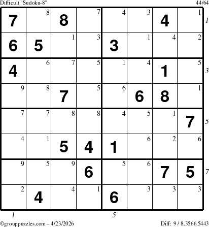 The grouppuzzles.com Difficult Sudoku-8 puzzle for Thursday April 23, 2026, suitable for printing, with all 9 steps marked