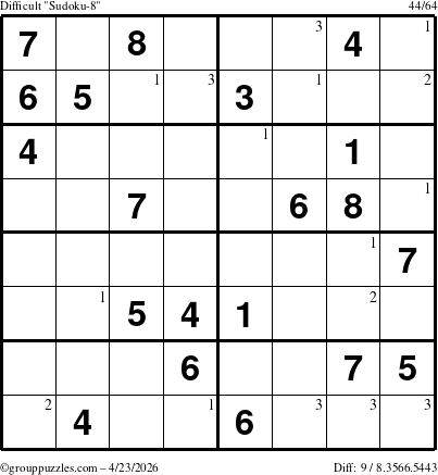 The grouppuzzles.com Difficult Sudoku-8 puzzle for Thursday April 23, 2026 with the first 3 steps marked