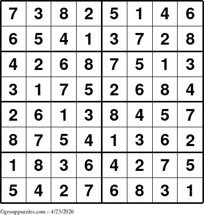 The grouppuzzles.com Answer grid for the Sudoku-8 puzzle for Thursday April 23, 2026