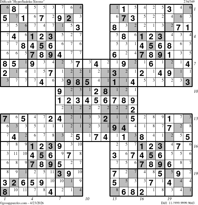 The grouppuzzles.com Difficult cover-HyperXtreme puzzle for Thursday April 23, 2026, suitable for printing, with all 11 steps marked