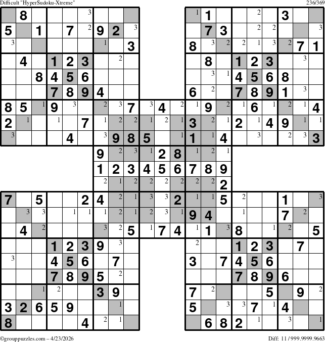 The grouppuzzles.com Difficult cover-HyperXtreme puzzle for Thursday April 23, 2026 with the first 3 steps marked