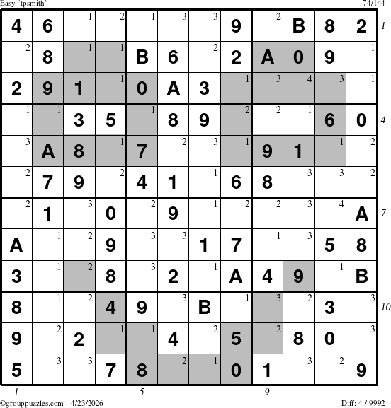 The grouppuzzles.com Easy tpsmith puzzle for Thursday April 23, 2026 with all 4 steps marked