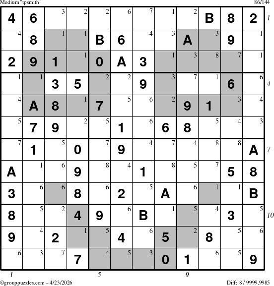 The grouppuzzles.com Medium tpsmith puzzle for Thursday April 23, 2026, suitable for printing, with all 8 steps marked