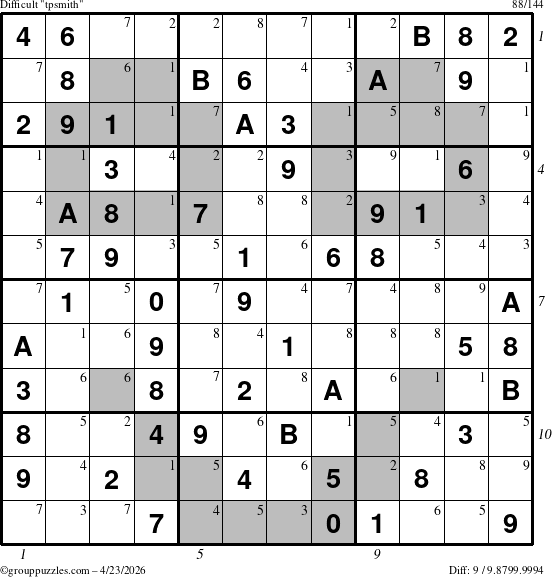 The grouppuzzles.com Difficult tpsmith puzzle for Thursday April 23, 2026, suitable for printing, with all 9 steps marked