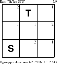 The grouppuzzles.com Easy TicTac-STU puzzle for Thursday April 23, 2026 with the first 2 steps marked