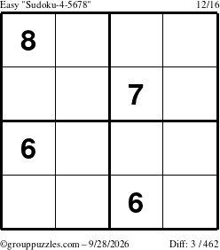 The grouppuzzles.com Easy Sudoku-4-5678 puzzle for Monday September 28, 2026