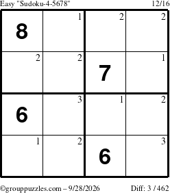 The grouppuzzles.com Easy Sudoku-4-5678 puzzle for Monday September 28, 2026 with the first 3 steps marked
