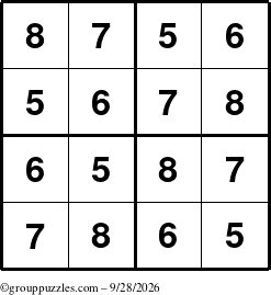 The grouppuzzles.com Answer grid for the Sudoku-4-5678 puzzle for Monday September 28, 2026