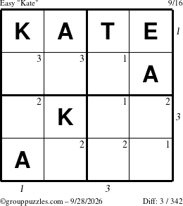 The grouppuzzles.com Easy Kate puzzle for Monday September 28, 2026 with all 3 steps marked