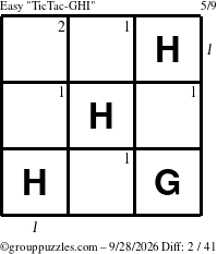 The grouppuzzles.com Easy TicTac-GHI puzzle for Monday September 28, 2026 with all 2 steps marked