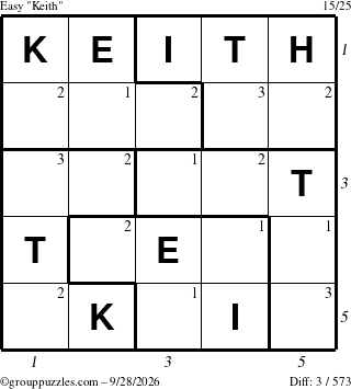 The grouppuzzles.com Easy Keith puzzle for Monday September 28, 2026 with all 3 steps marked