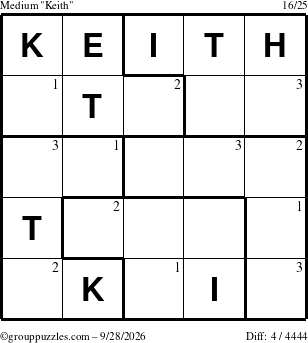 The grouppuzzles.com Medium Keith puzzle for Monday September 28, 2026 with the first 3 steps marked