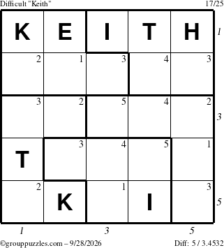 The grouppuzzles.com Difficult Keith puzzle for Monday September 28, 2026, suitable for printing, with all 5 steps marked