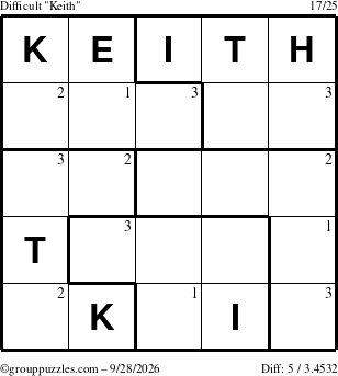 The grouppuzzles.com Difficult Keith puzzle for Monday September 28, 2026 with the first 3 steps marked