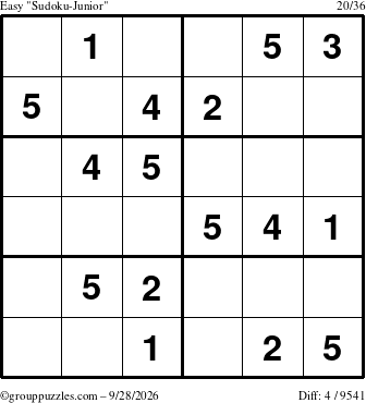The grouppuzzles.com Easy Sudoku-Junior puzzle for Monday September 28, 2026