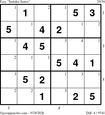 The grouppuzzles.com Easy Sudoku-Junior puzzle for Monday September 28, 2026 with all 4 steps marked