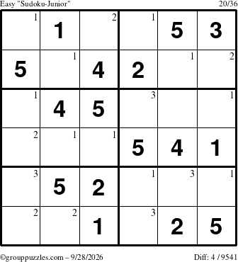 The grouppuzzles.com Easy Sudoku-Junior puzzle for Monday September 28, 2026 with the first 3 steps marked