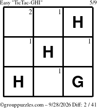 The grouppuzzles.com Easy TicTac-GHI puzzle for Monday September 28, 2026 with the first 2 steps marked