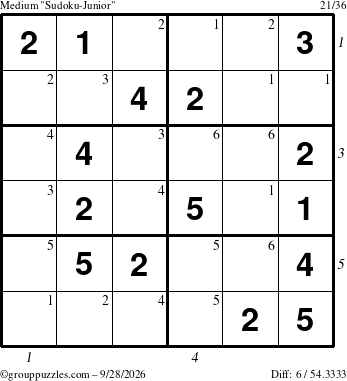 The grouppuzzles.com Medium Sudoku-Junior puzzle for Monday September 28, 2026, suitable for printing, with all 6 steps marked