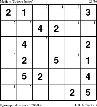 The grouppuzzles.com Medium Sudoku-Junior puzzle for Monday September 28, 2026 with the first 3 steps marked