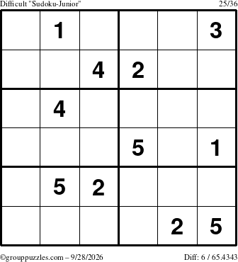 The grouppuzzles.com Difficult Sudoku-Junior puzzle for Monday September 28, 2026