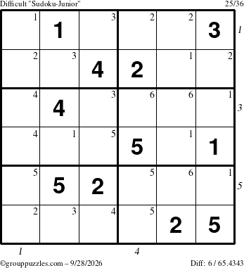 The grouppuzzles.com Difficult Sudoku-Junior puzzle for Monday September 28, 2026, suitable for printing, with all 6 steps marked