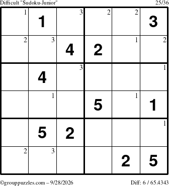 The grouppuzzles.com Difficult Sudoku-Junior puzzle for Monday September 28, 2026 with the first 3 steps marked