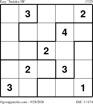 The grouppuzzles.com Easy Sudoku-5B puzzle for Monday September 28, 2026